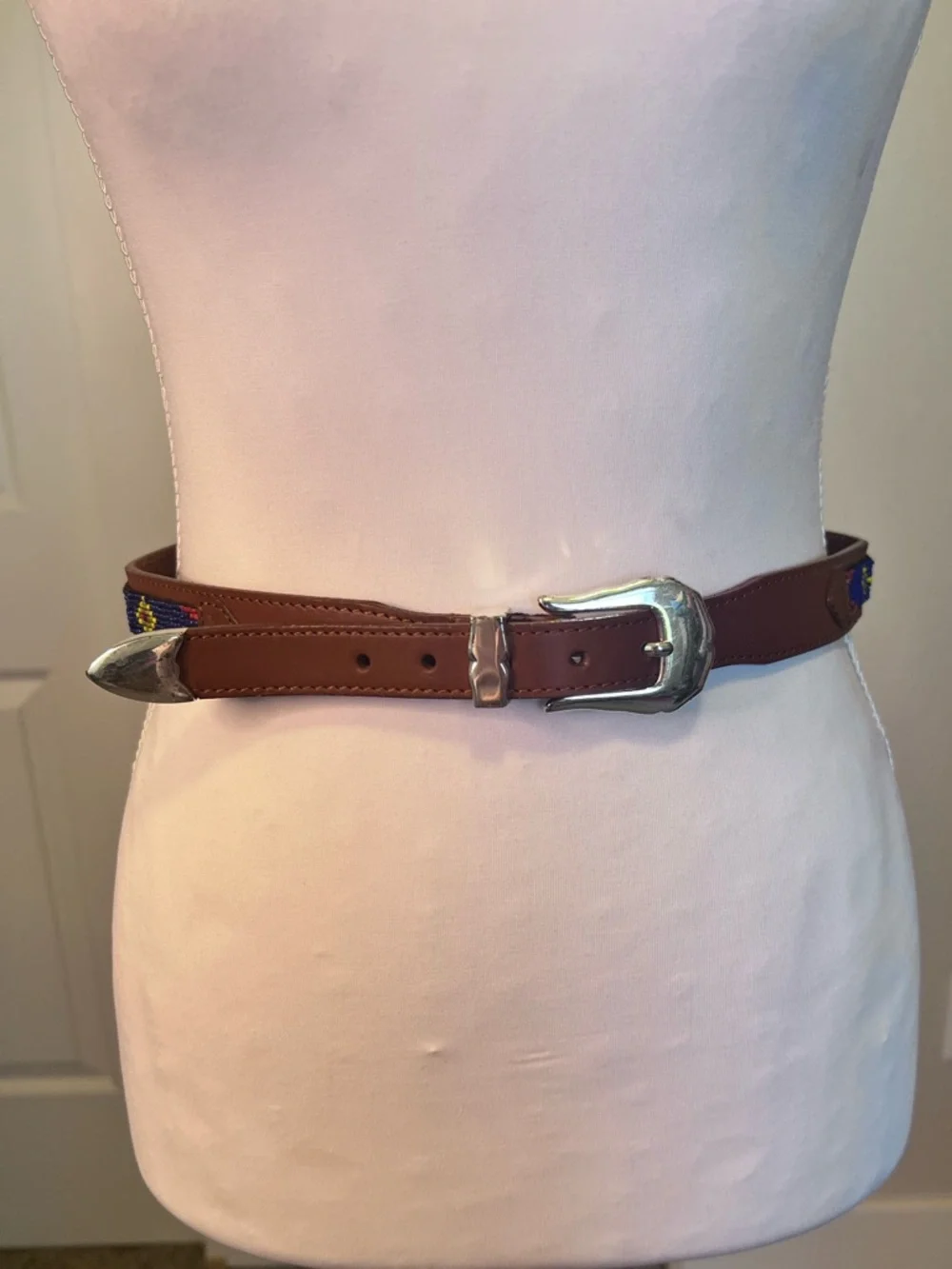 Beaded Brown Latigo Leather Belt Sz 28
